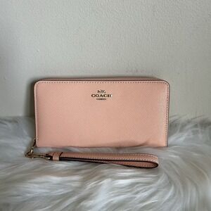 Coach C3441 Long Zip Around Wallet Faded Blush Pink Crossgrain Leather New